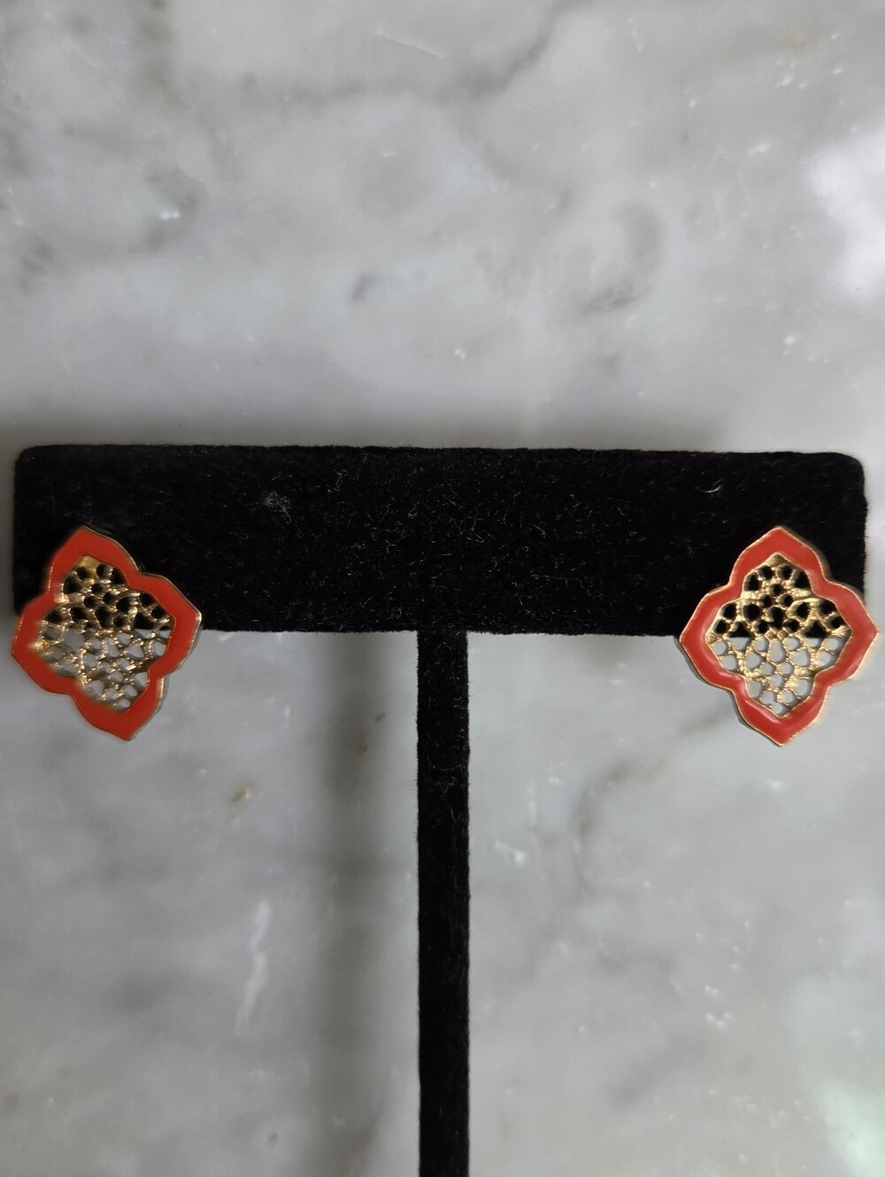 Gold-Tone Orange Red Enamel Stud Earrings